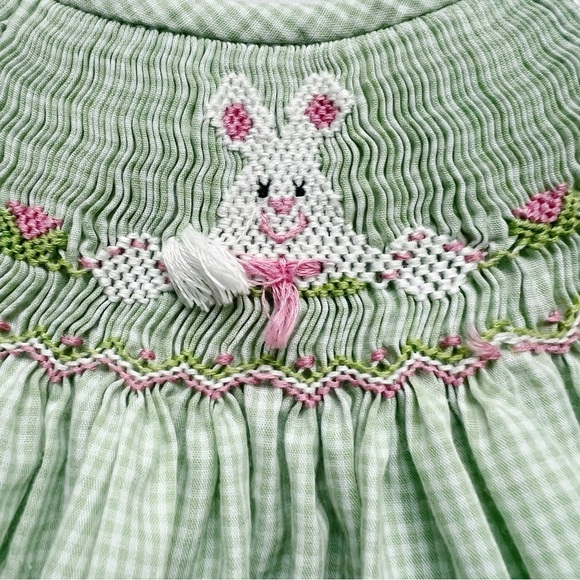 Smocked Bunny Little Girls Dress Amanda Remembered Bishop Style Easter Green - Picture 3 of 5